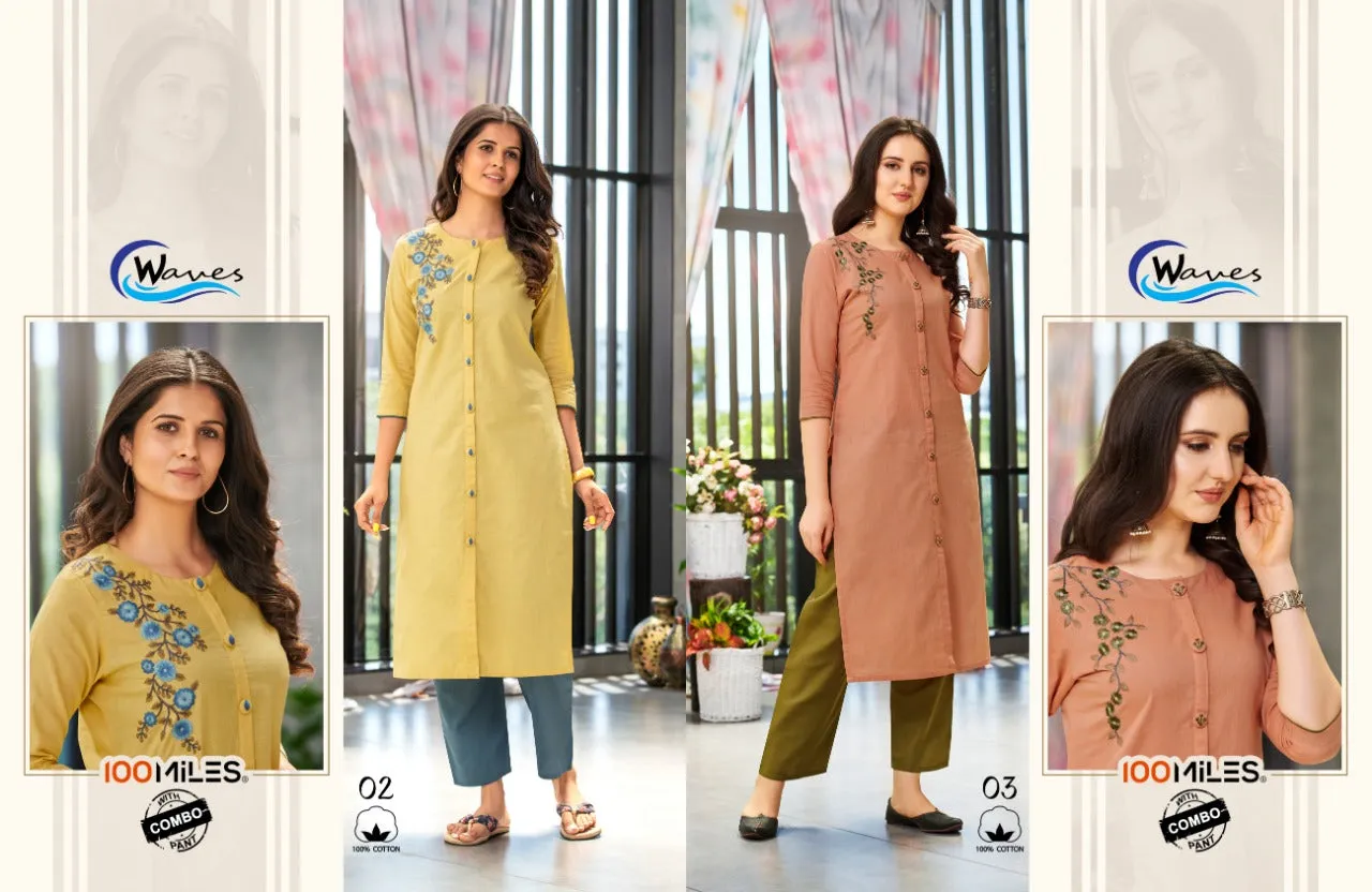 100 Miles Presents Waves Cotton Embroidery Casual Wear Kurtis Collection
