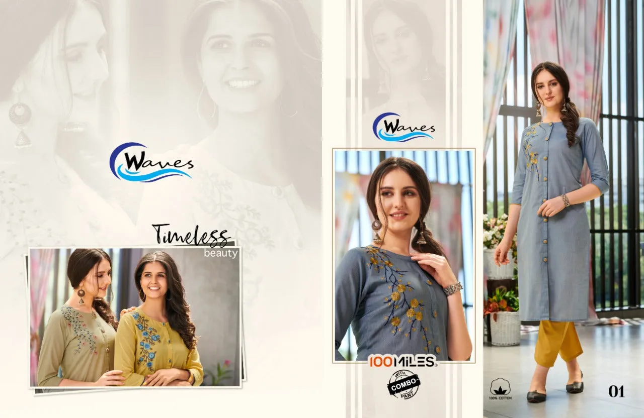 100 Miles Presents Waves Cotton Embroidery Casual Wear Kurtis Collection