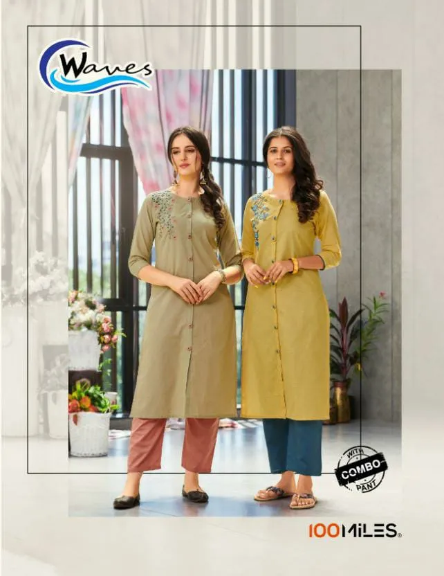 100 Miles Presents Waves Cotton Embroidery Casual Wear Kurtis Collection