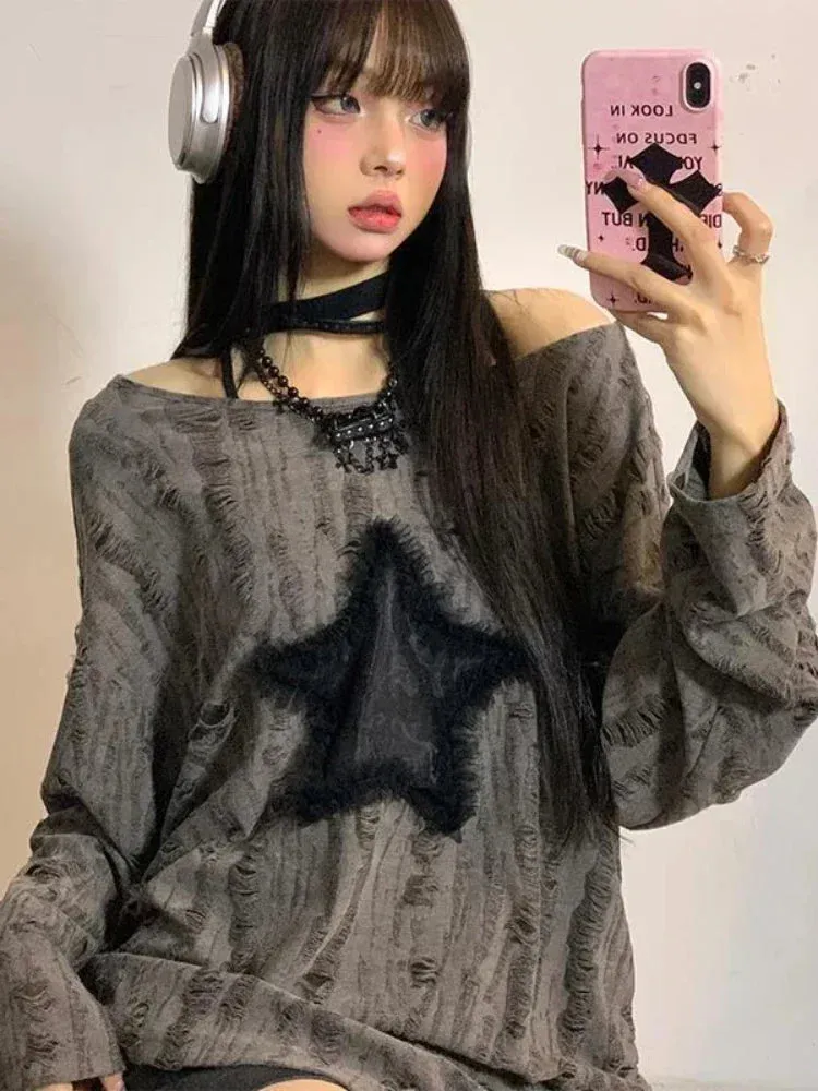 Aiertu Grunge Hole T-shirt Women Fashion Star Print Y2k Aesthetic Loose Tees Kpop Fairycore Ripped Tshirt Harajuku Gothic Streetwear