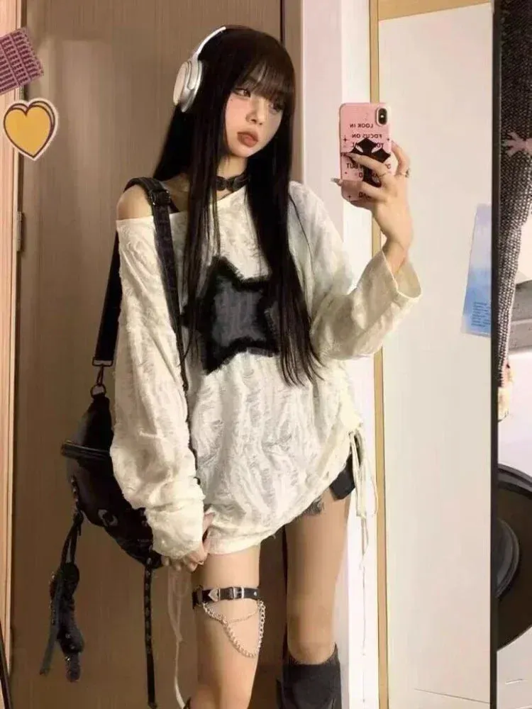Aiertu Grunge Hole T-shirt Women Fashion Star Print Y2k Aesthetic Loose Tees Kpop Fairycore Ripped Tshirt Harajuku Gothic Streetwear