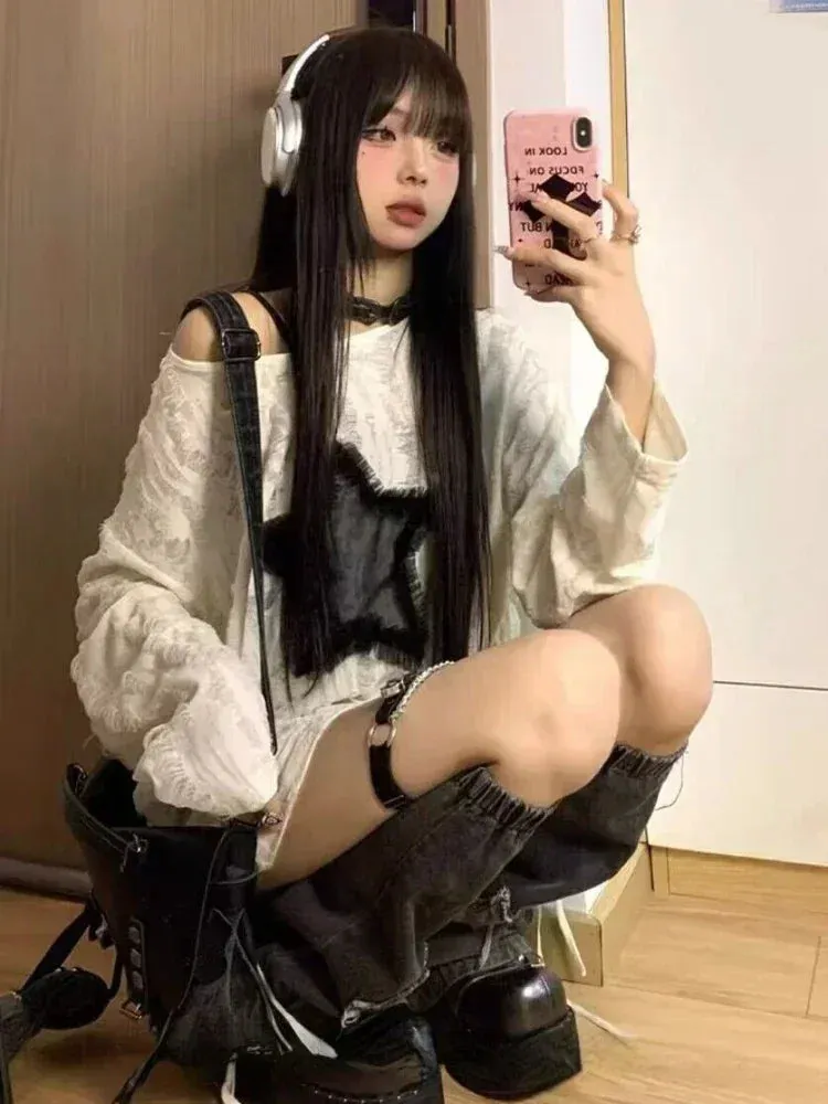 Aiertu Grunge Hole T-shirt Women Fashion Star Print Y2k Aesthetic Loose Tees Kpop Fairycore Ripped Tshirt Harajuku Gothic Streetwear