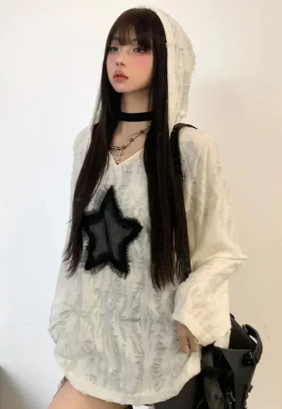 Aiertu Grunge Hole T-shirt Women Fashion Star Print Y2k Aesthetic Loose Tees Kpop Fairycore Ripped Tshirt Harajuku Gothic Streetwear
