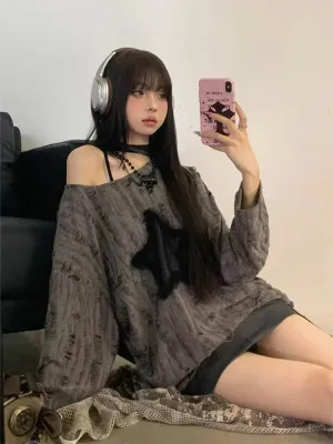 Aiertu Grunge Hole T-shirt Women Fashion Star Print Y2k Aesthetic Loose Tees Kpop Fairycore Ripped Tshirt Harajuku Gothic Streetwear