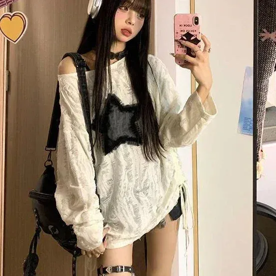 Aiertu Grunge Hole T-shirt Women Fashion Star Print Y2k Aesthetic Loose Tees Kpop Fairycore Ripped Tshirt Harajuku Gothic Streetwear