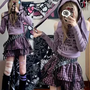 Aiertu Japanese Y2k Rabbit Hooded Striped T-shirt Vintage Hollow Out  Aesthetic Off Shoulder Grunge Streetwear Punk