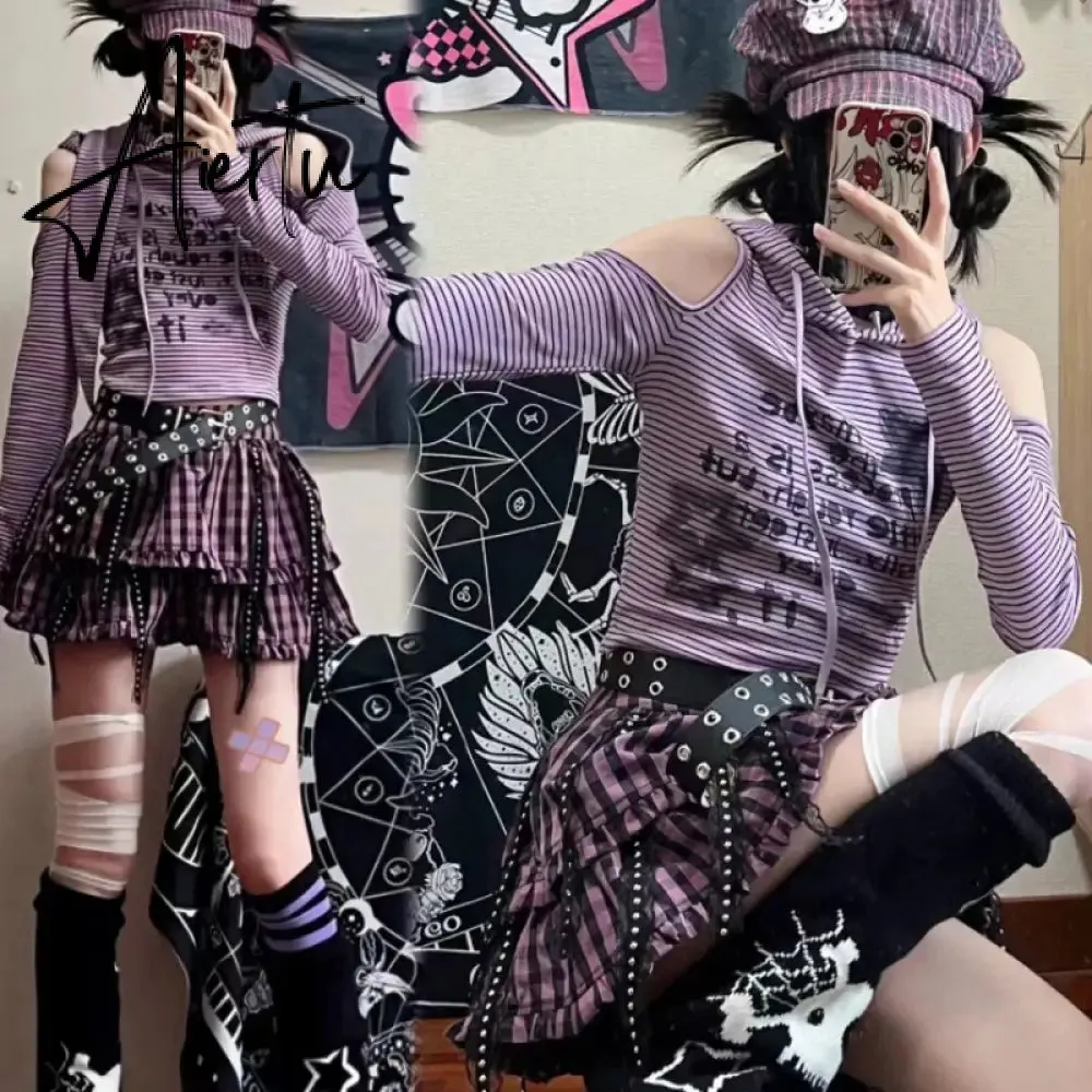Aiertu Japanese Y2k Rabbit Hooded Striped T-shirt Vintage Hollow Out  Aesthetic Off Shoulder Grunge Streetwear Punk