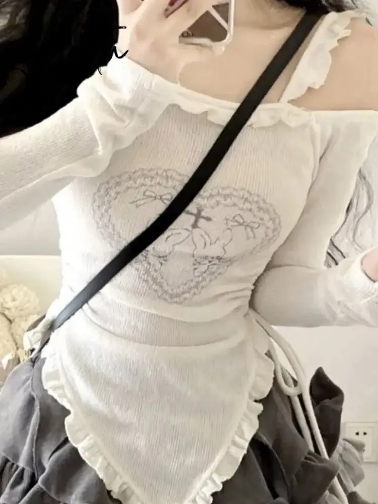 Aiertu Streetwear Harajuku Sweet Heart Print T-Shirt Autumn Off Shoulder Slim Bandage Tshirts Y2k Aesthetic Women Long Sleeve Tee Shirt