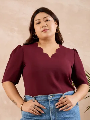 Berrylush Curve Women Solid Maroon V-Neck Puff Sleeves Scalloped Trim Straight Hem Regular Top