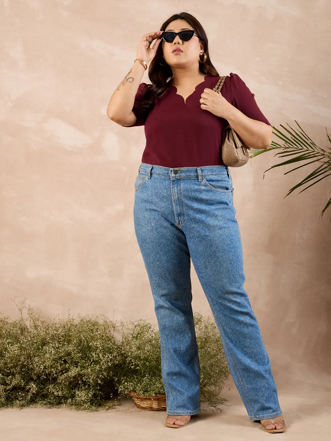 Berrylush Curve Women Solid Maroon V-Neck Puff Sleeves Scalloped Trim Straight Hem Regular Top