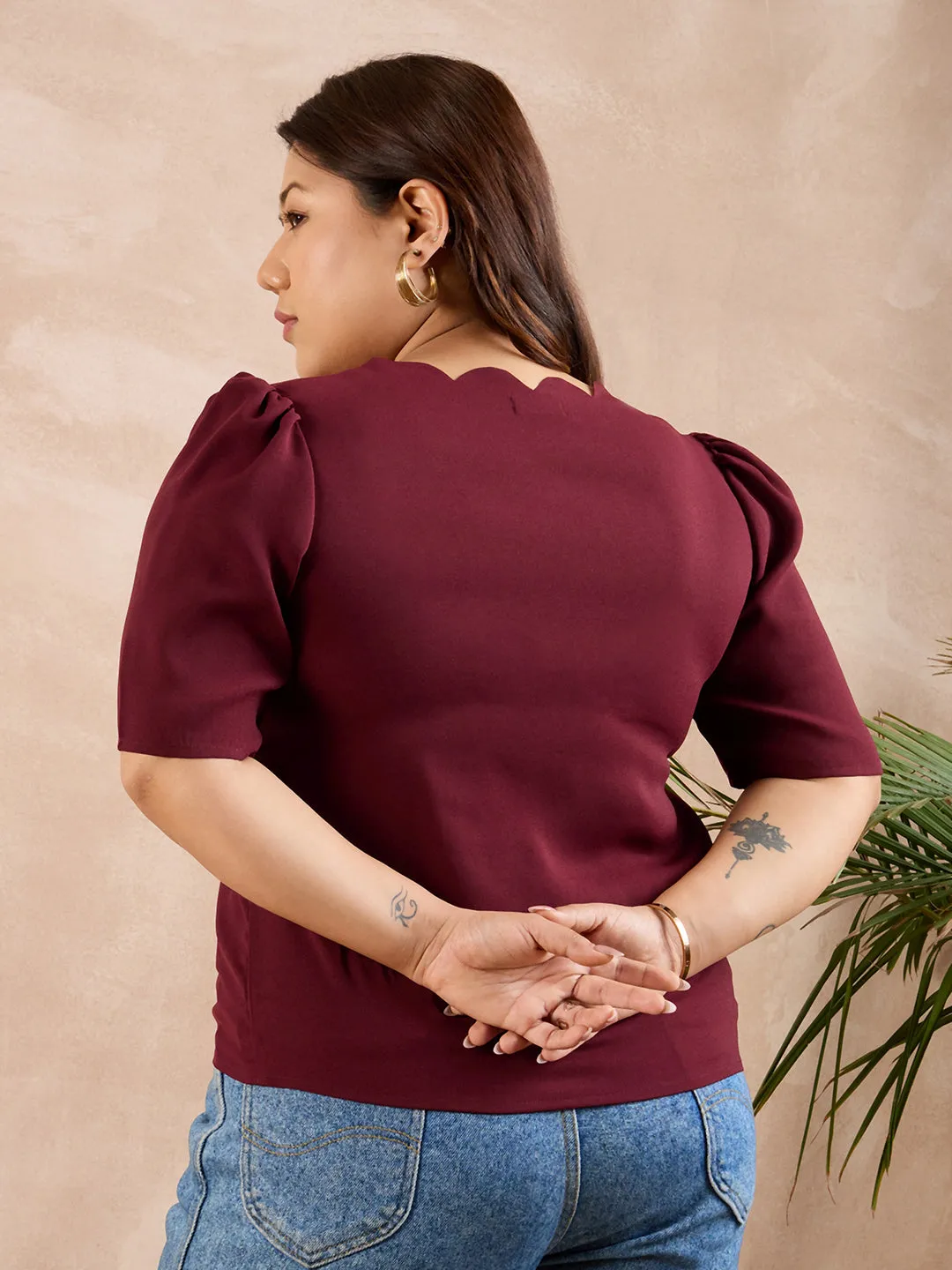 Berrylush Curve Women Solid Maroon V-Neck Puff Sleeves Scalloped Trim Straight Hem Regular Top