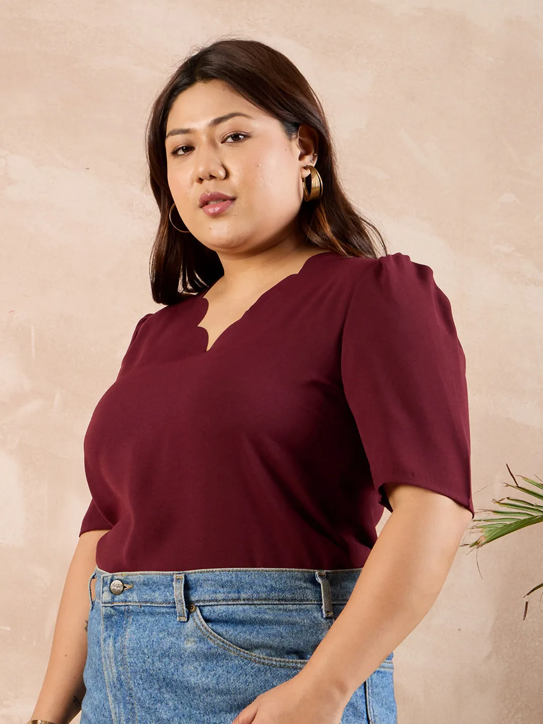 Berrylush Curve Women Solid Maroon V-Neck Puff Sleeves Scalloped Trim Straight Hem Regular Top