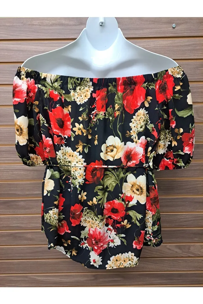 Black & floral off shoulder with tie belt