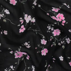 Black-Pink-Green Floral Poly Yoryu Chiffon Woven Fabric
