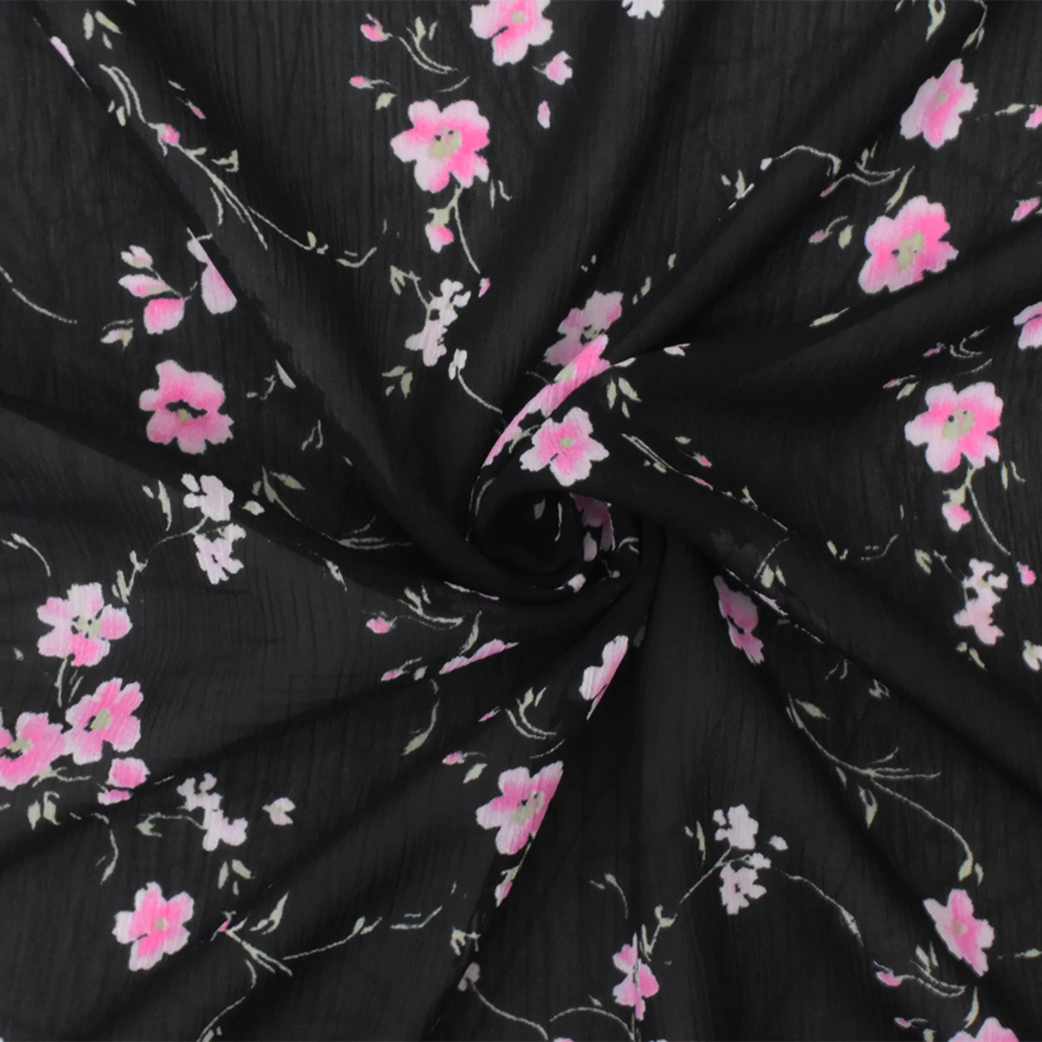 Black-Pink-Green Floral Poly Yoryu Chiffon Woven Fabric