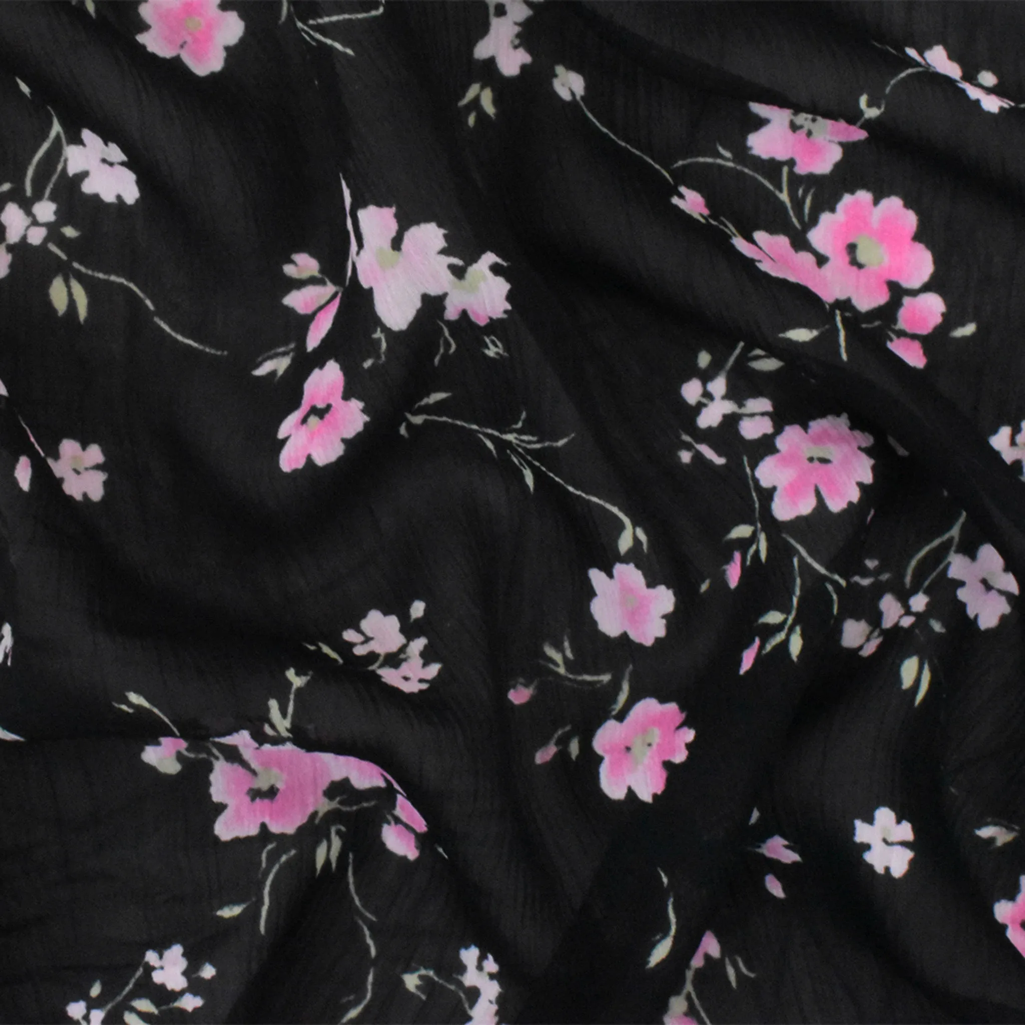 Black-Pink-Green Floral Poly Yoryu Chiffon Woven Fabric