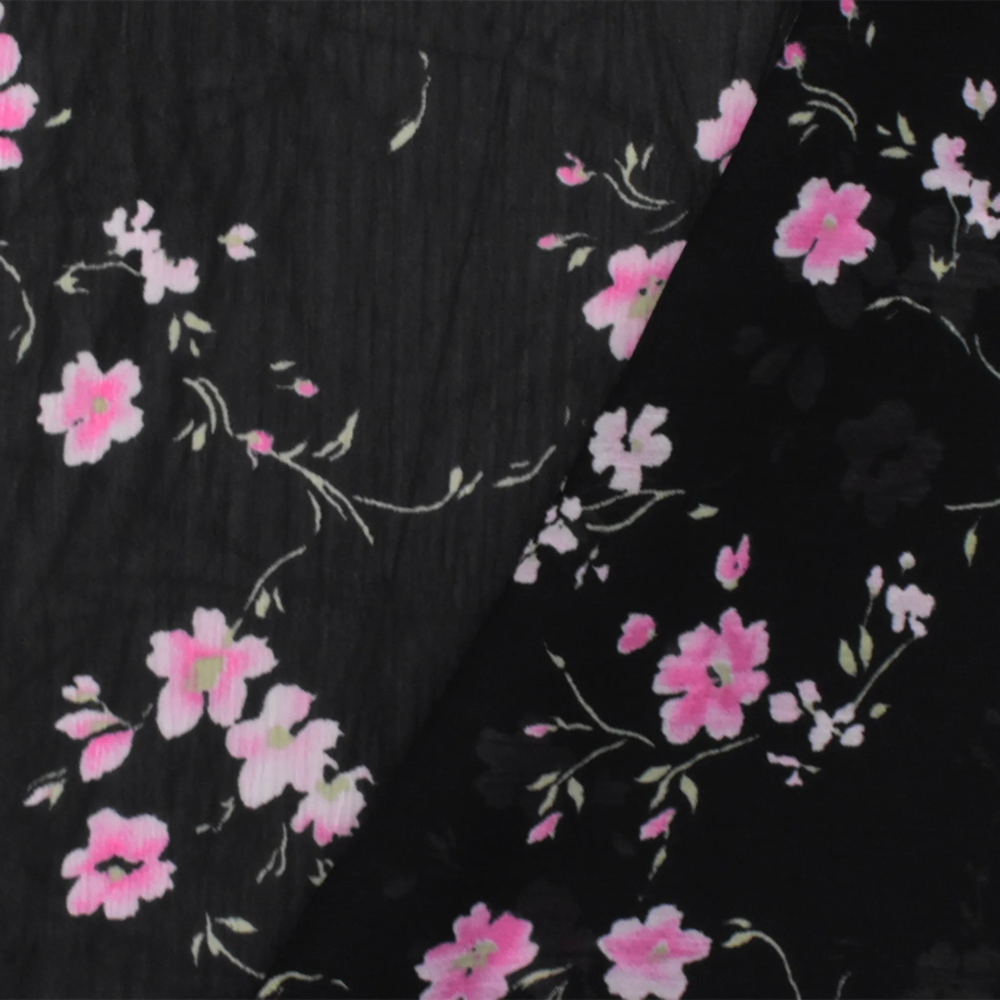 Black-Pink-Green Floral Poly Yoryu Chiffon Woven Fabric