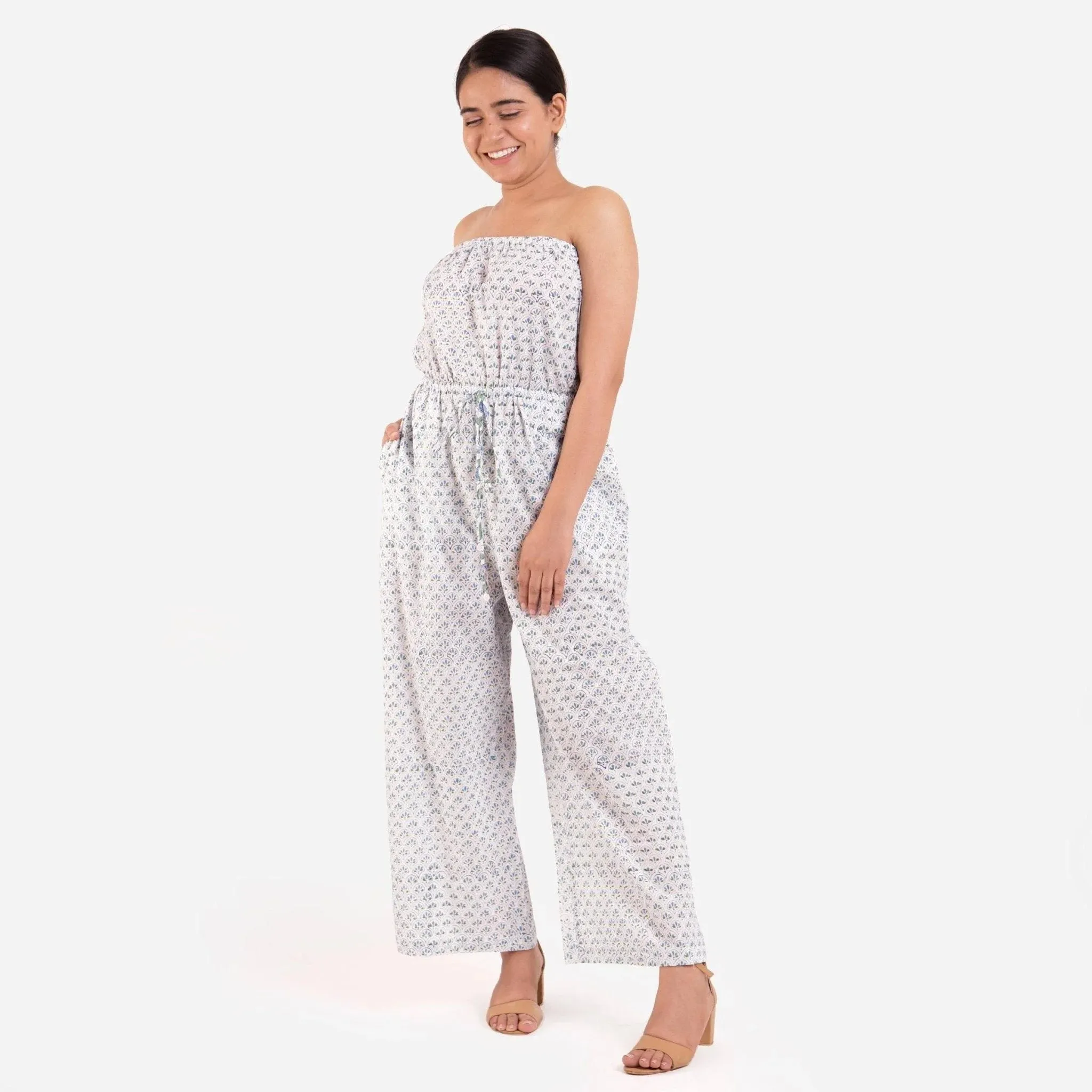 Blue Block Printed Cotton Ankle Length Tube Jumpsuit