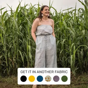 Blue Block Printed Cotton Ankle Length Tube Jumpsuit