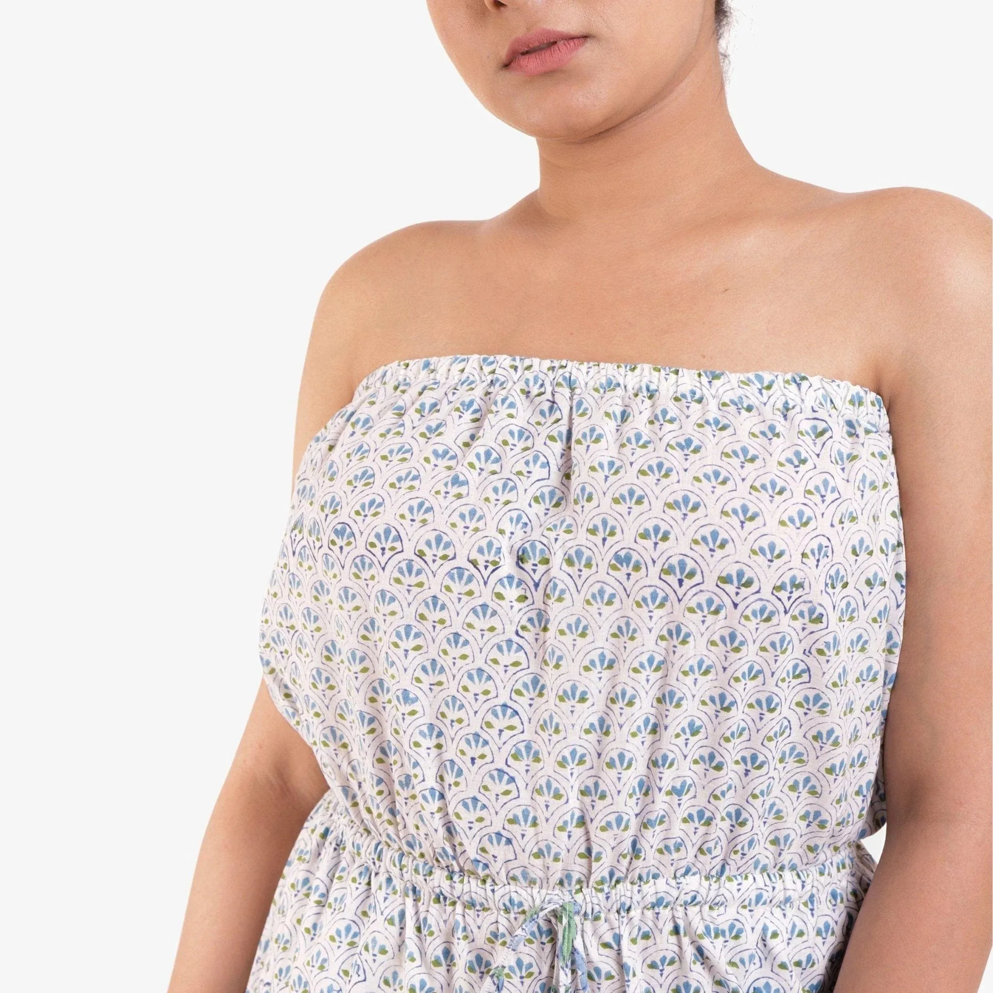 Blue Block Printed Cotton Ankle Length Tube Jumpsuit
