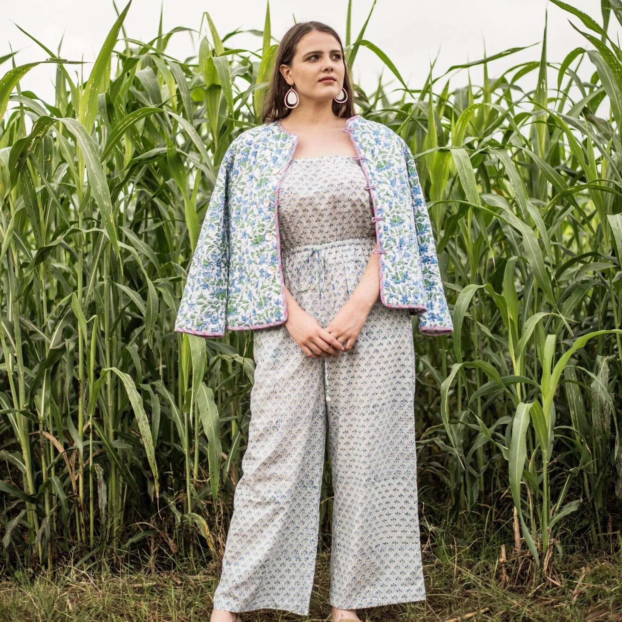 Blue Block Printed Cotton Ankle Length Tube Jumpsuit