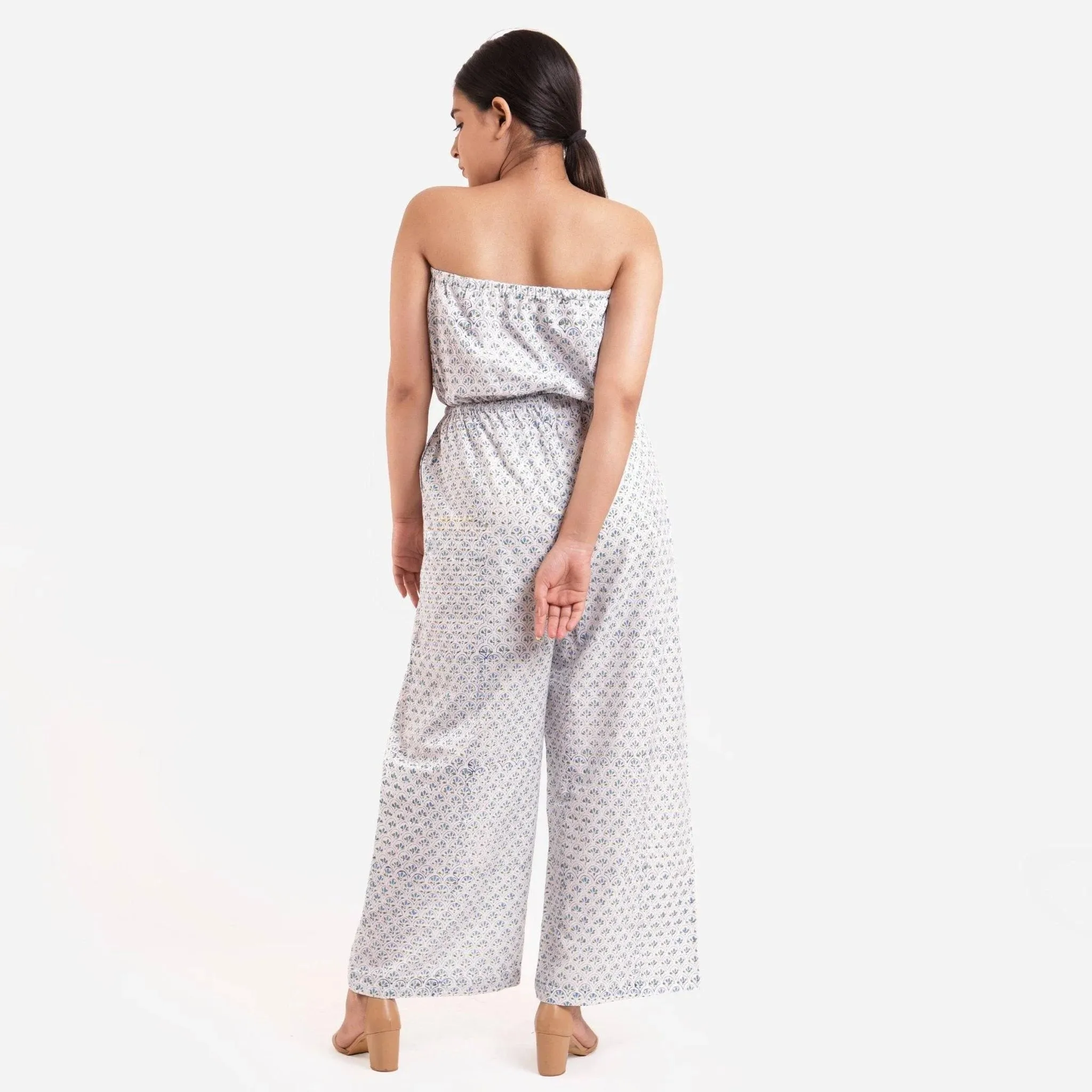 Blue Block Printed Cotton Ankle Length Tube Jumpsuit