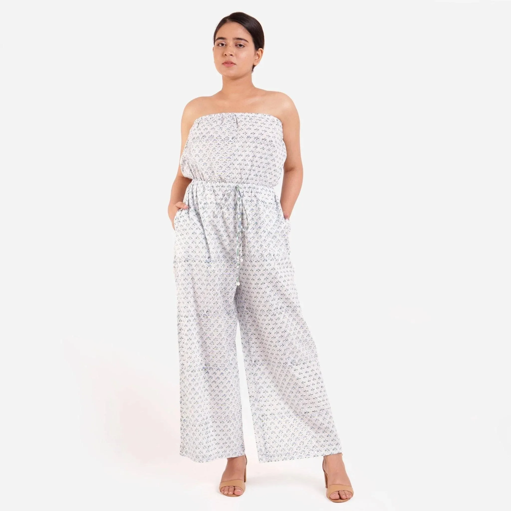 Blue Block Printed Cotton Ankle Length Tube Jumpsuit