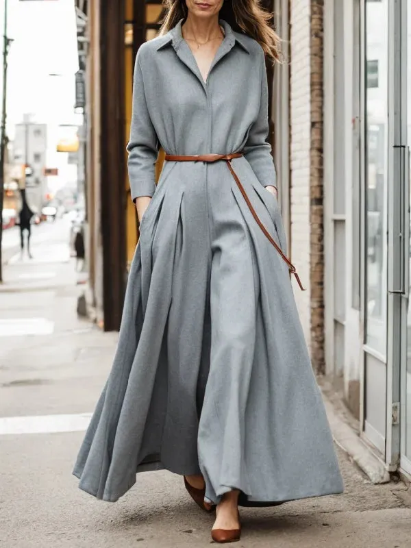British Style Long Sleeves Pleated Lapel Wide Leg Jumpsuits New Women Spring Autumn Casual Going Out Jump Suits