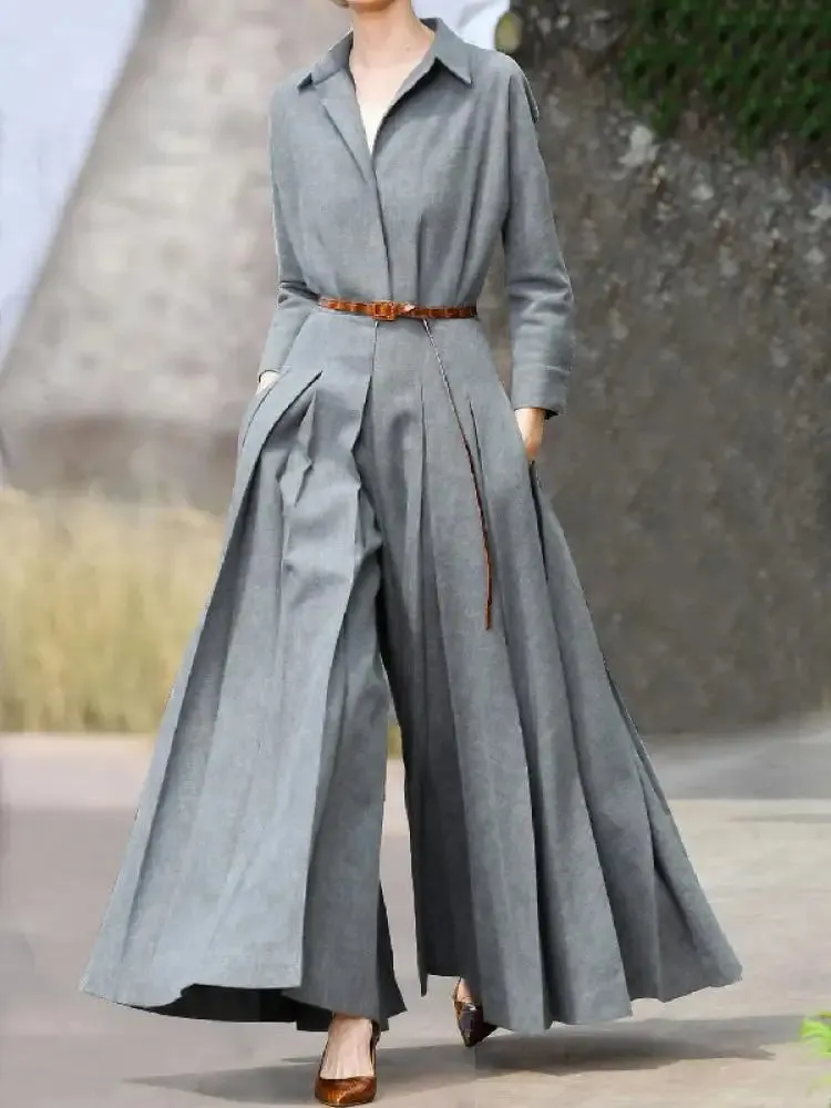 British Style Long Sleeves Pleated Lapel Wide Leg Jumpsuits New Women Spring Autumn Casual Going Out Jump Suits