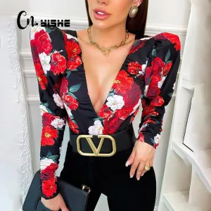 CNYISHE Print Deep V Neck Bodysuit Frauen Sexy Puffärmel Bodycon Overall Elastic Casual Party Frühling Strampler Body Tops Overalls
