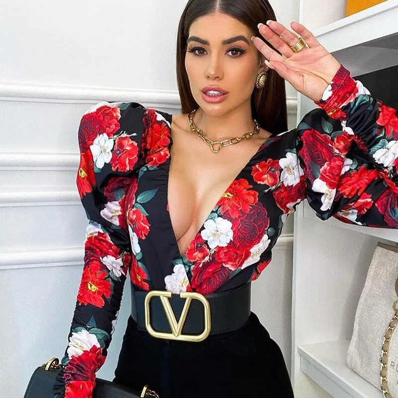 CNYISHE Print Deep V Neck Bodysuit Frauen Sexy Puffärmel Bodycon Overall Elastic Casual Party Frühling Strampler Body Tops Overalls