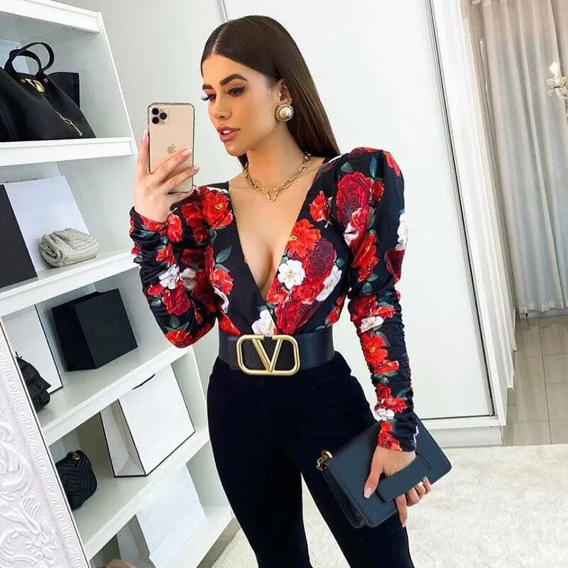 CNYISHE Print Deep V Neck Bodysuit Frauen Sexy Puffärmel Bodycon Overall Elastic Casual Party Frühling Strampler Body Tops Overalls