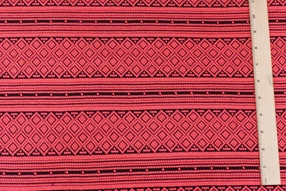 Coral Neon-Black Aztec Jacquard Stretch Polyester Double Knit Fabric
