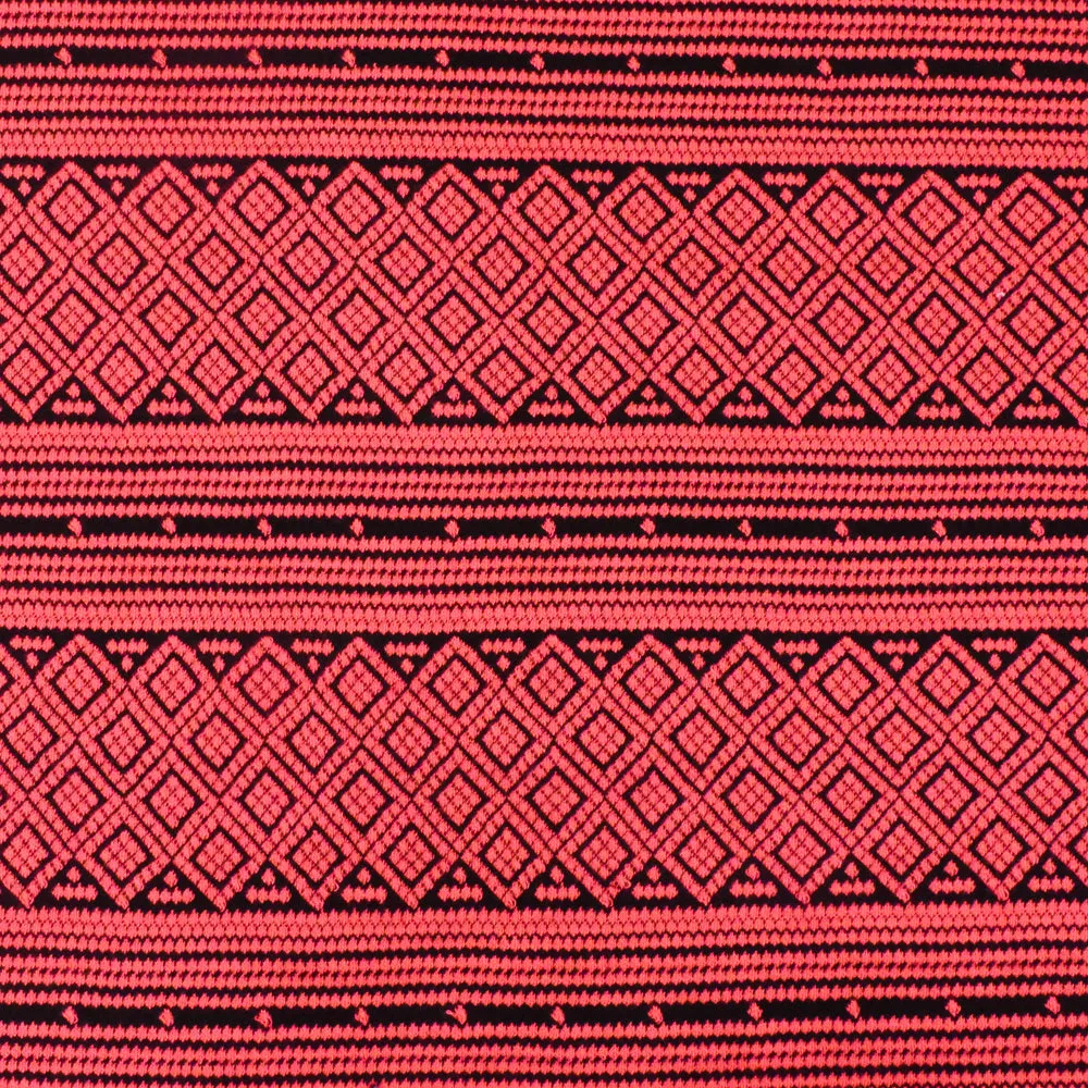 Coral Neon-Black Aztec Jacquard Stretch Polyester Double Knit Fabric