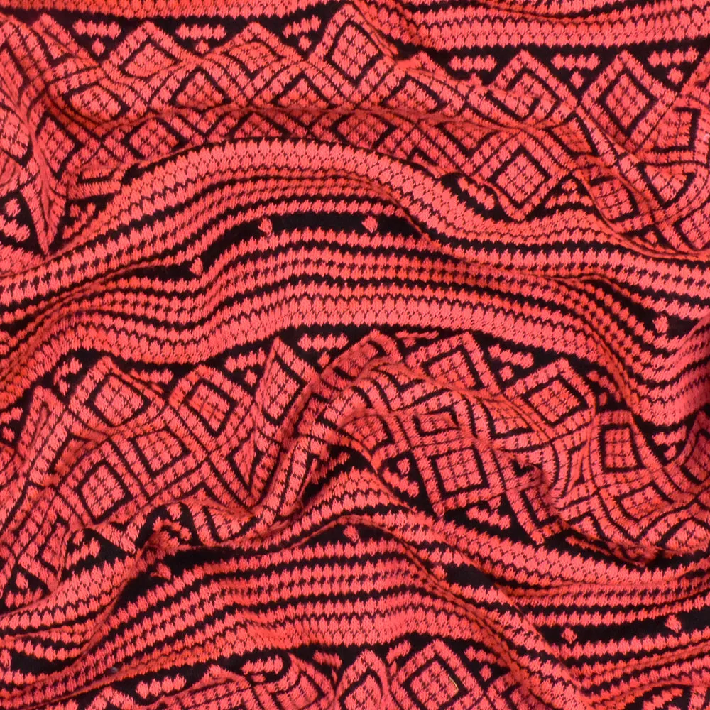 Coral Neon-Black Aztec Jacquard Stretch Polyester Double Knit Fabric