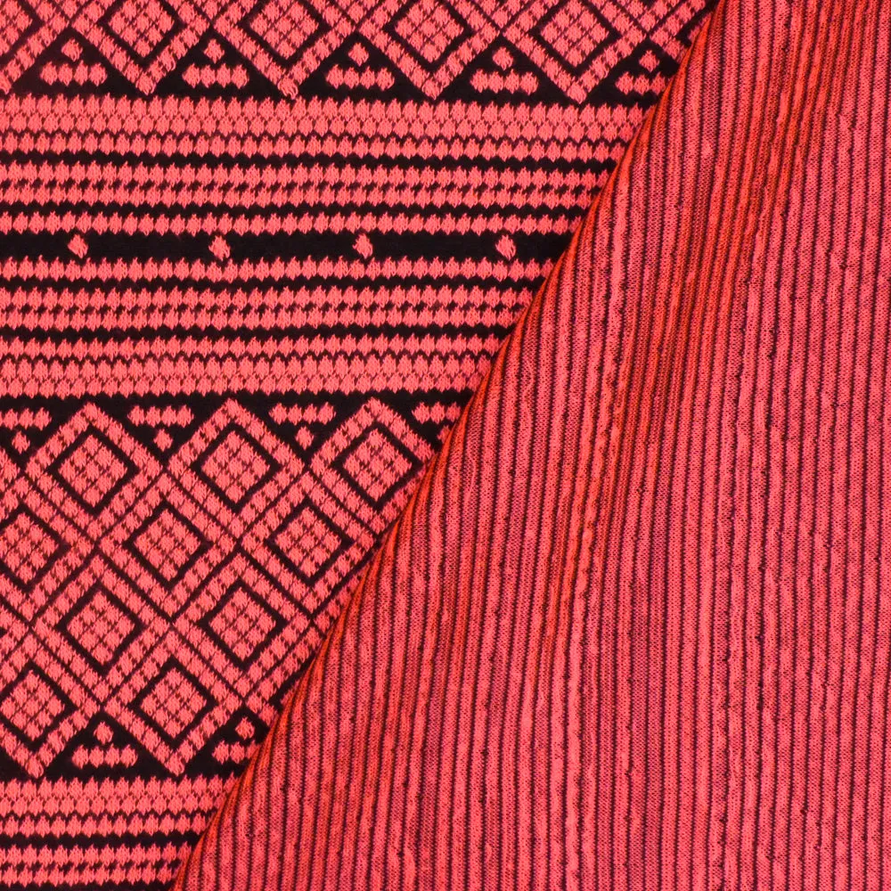 Coral Neon-Black Aztec Jacquard Stretch Polyester Double Knit Fabric