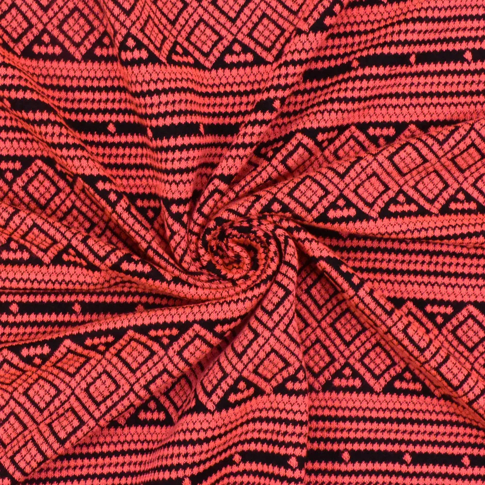 Coral Neon-Black Aztec Jacquard Stretch Polyester Double Knit Fabric