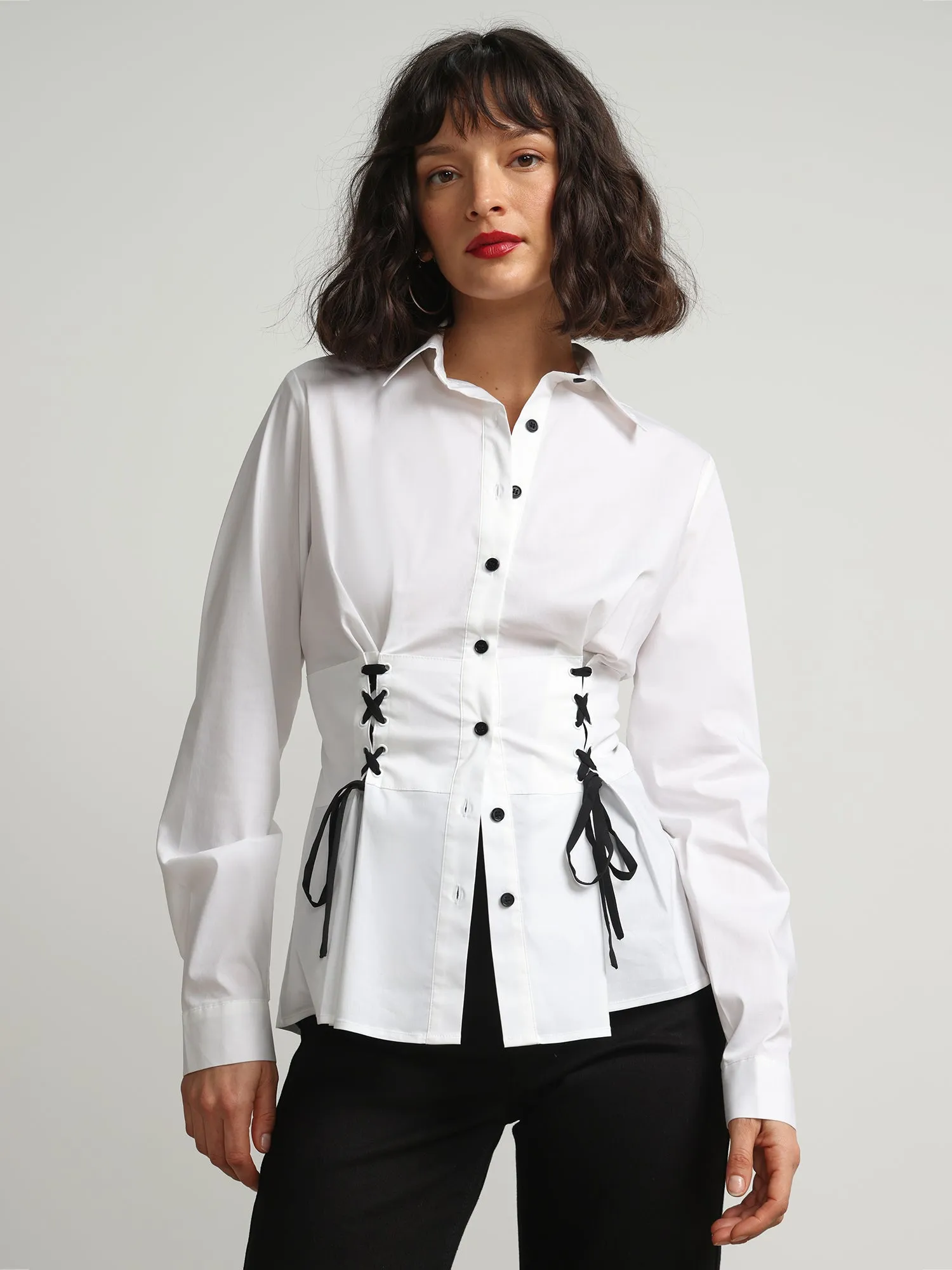 Corset-Lace Button-Front Poplin Shirt