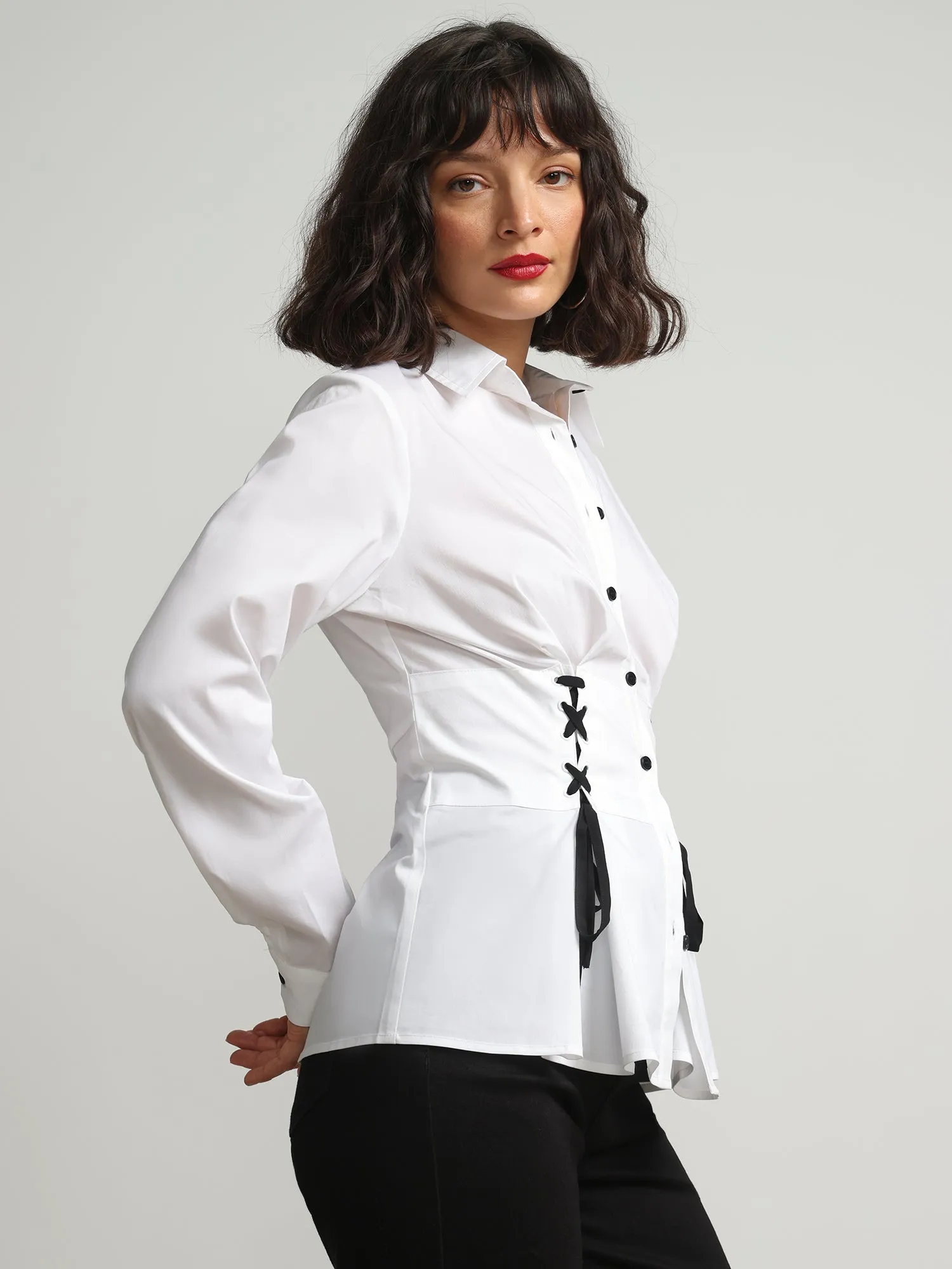 Corset-Lace Button-Front Poplin Shirt