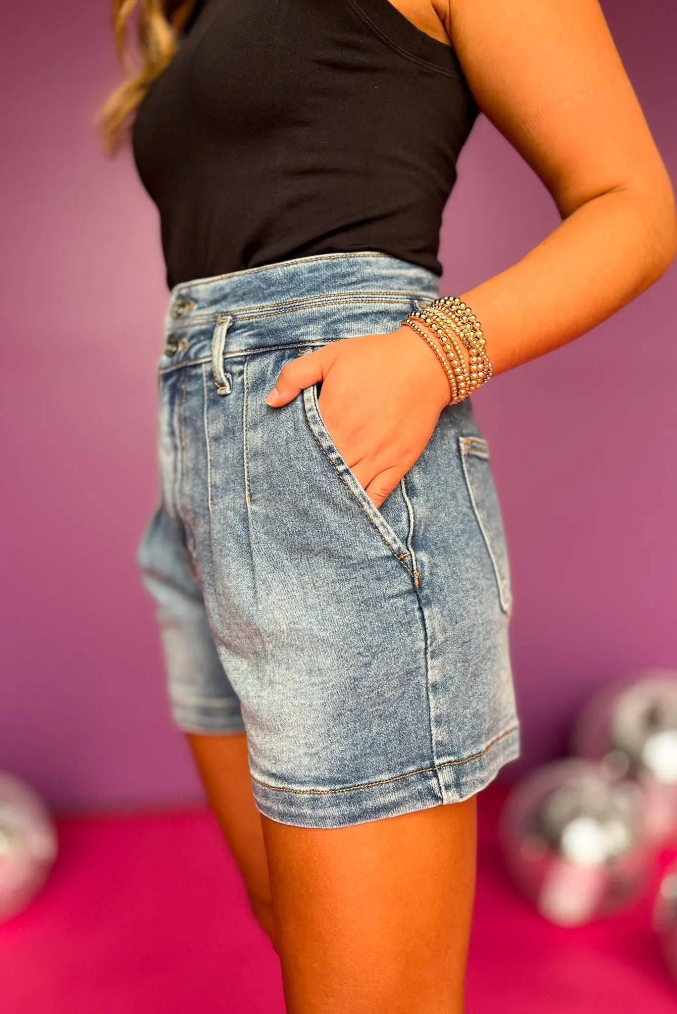 Dark High Rise Wide Waistband Pleat Detail Shorts *FINAL SALE*