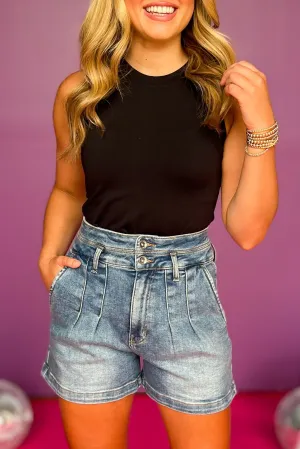 Dark High Rise Wide Waistband Pleat Detail Shorts *FINAL SALE*