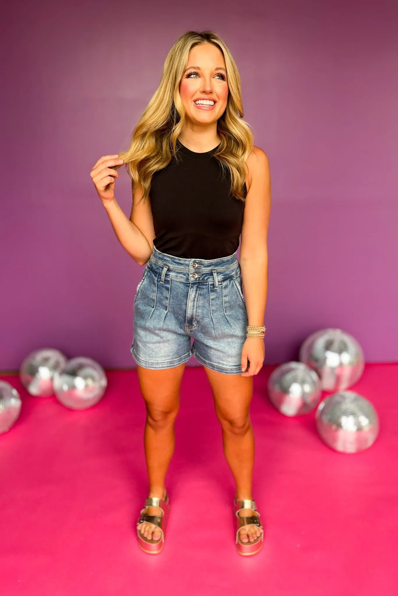 Dark High Rise Wide Waistband Pleat Detail Shorts *FINAL SALE*