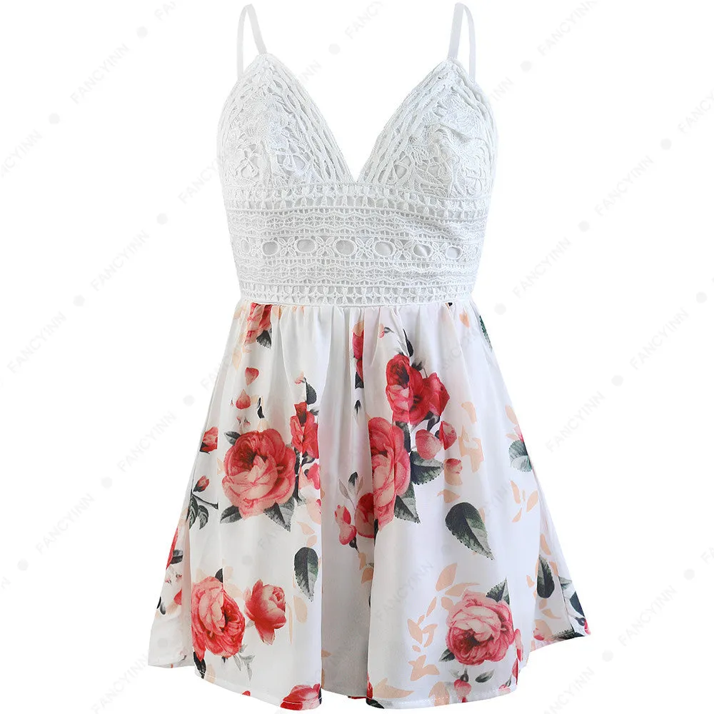 Deep V-neck Spaghetti Straps Backless Print Romper