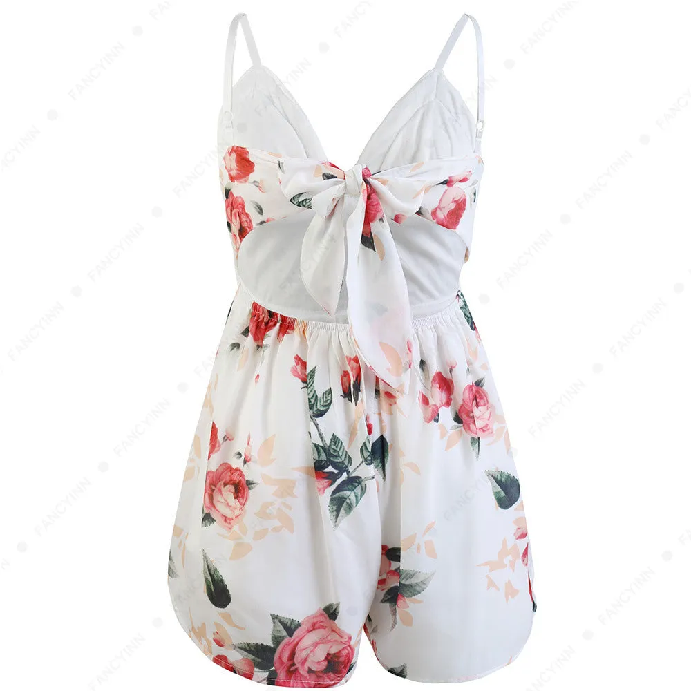 Deep V-neck Spaghetti Straps Backless Print Romper