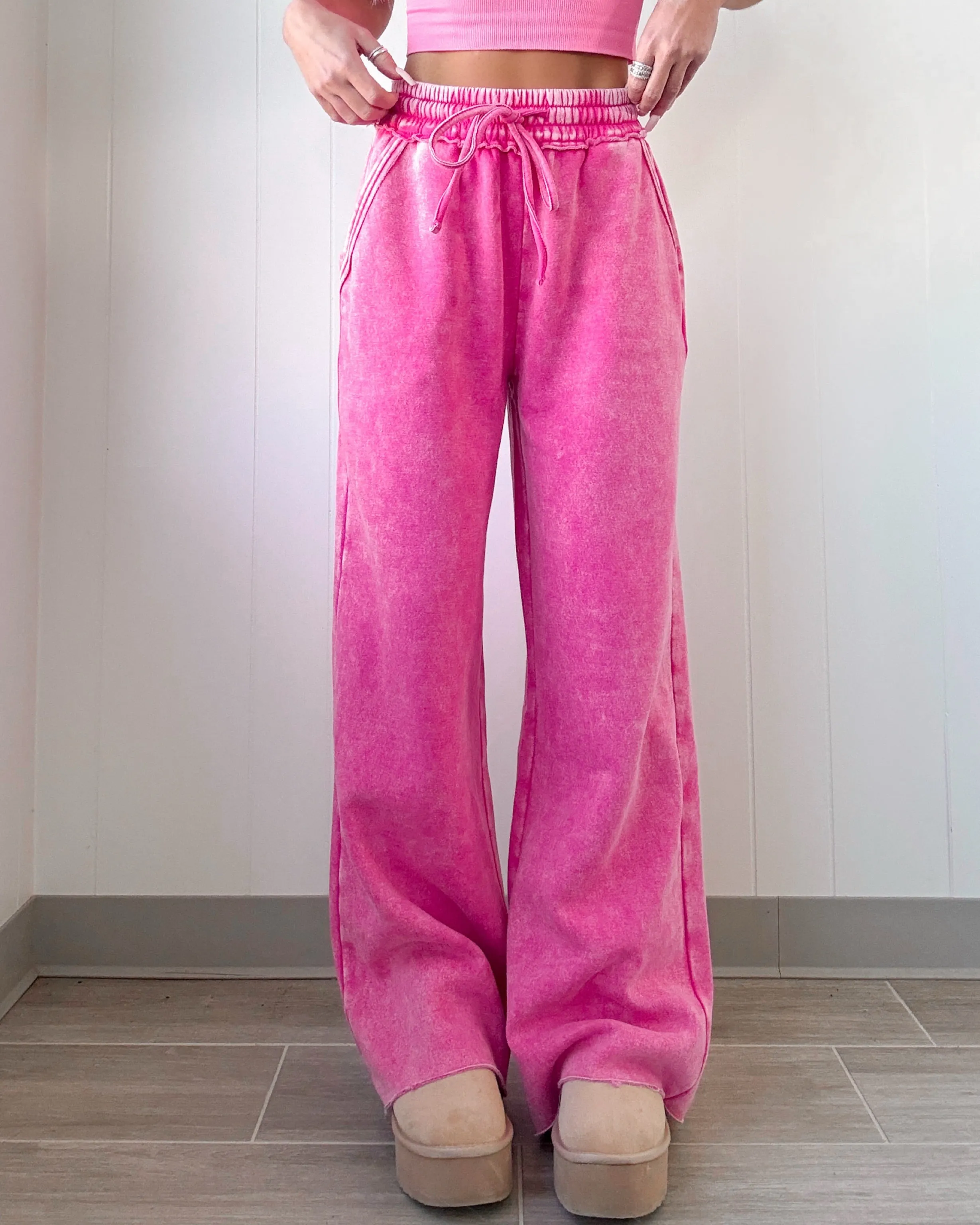 Dreamy Drift Acid Wash Lounge Pants - Hot Pink
