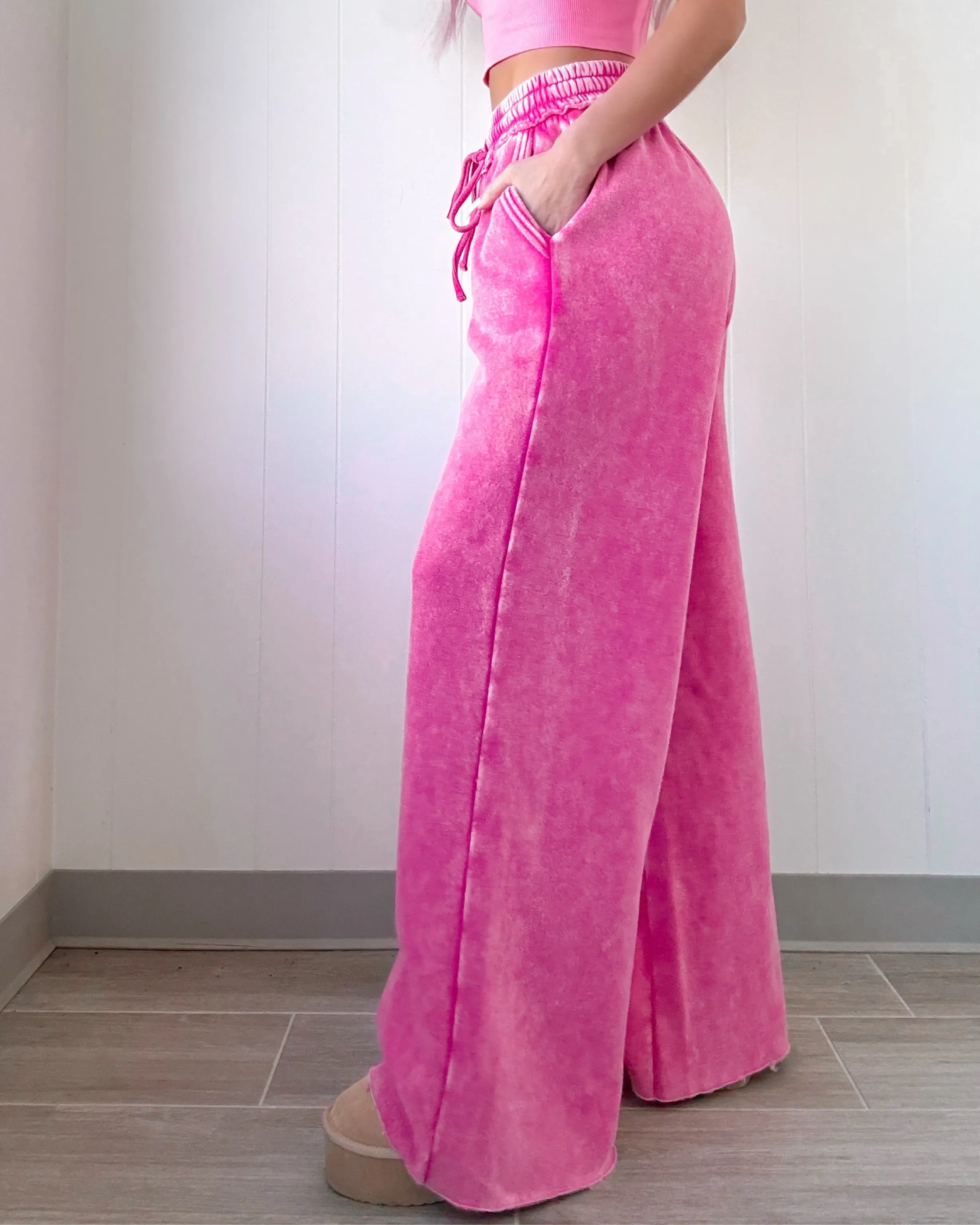 Dreamy Drift Acid Wash Lounge Pants - Hot Pink