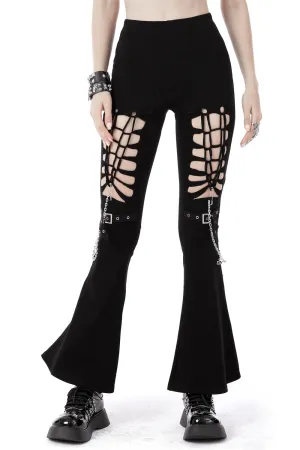 Edgy Black Lace-Up Flare Pants with Chain Detail