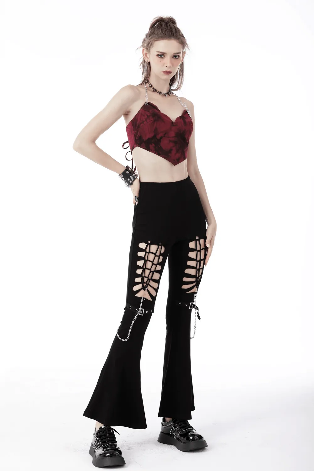 Edgy Black Lace-Up Flare Pants with Chain Detail