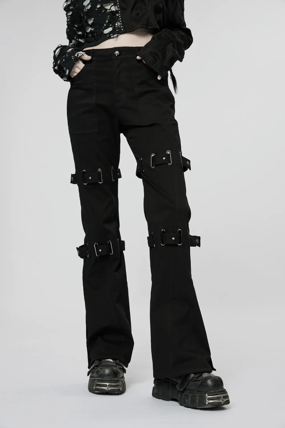 Edgy Punk Eyelet Pants - Micro Elastic, Flared Cut