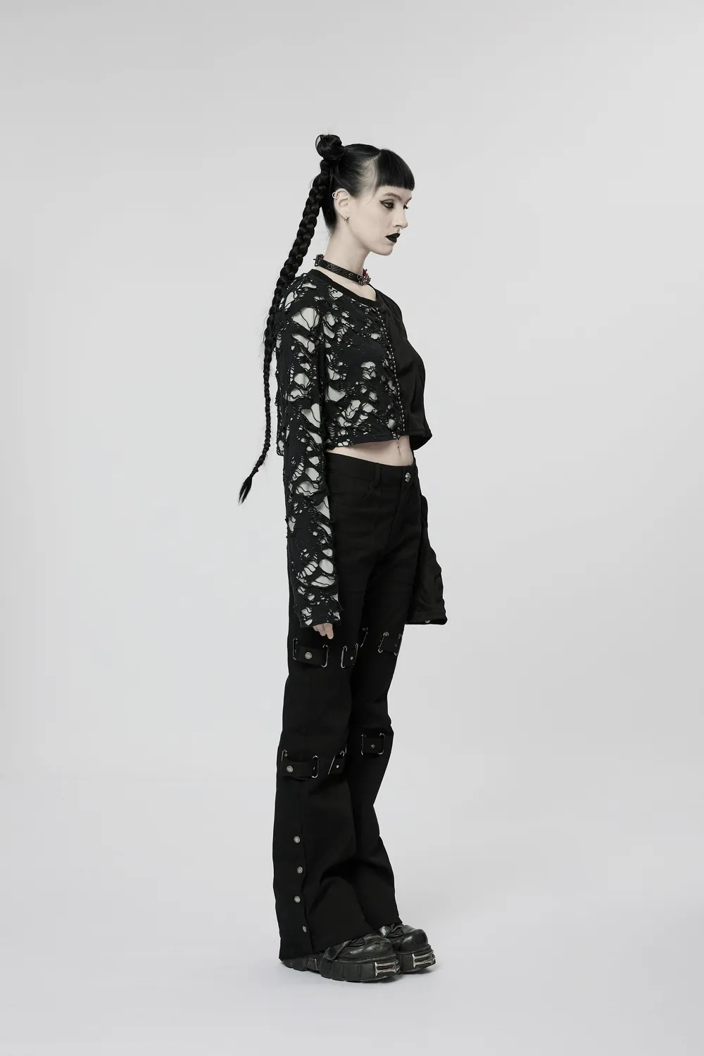 Edgy Punk Eyelet Pants - Micro Elastic, Flared Cut